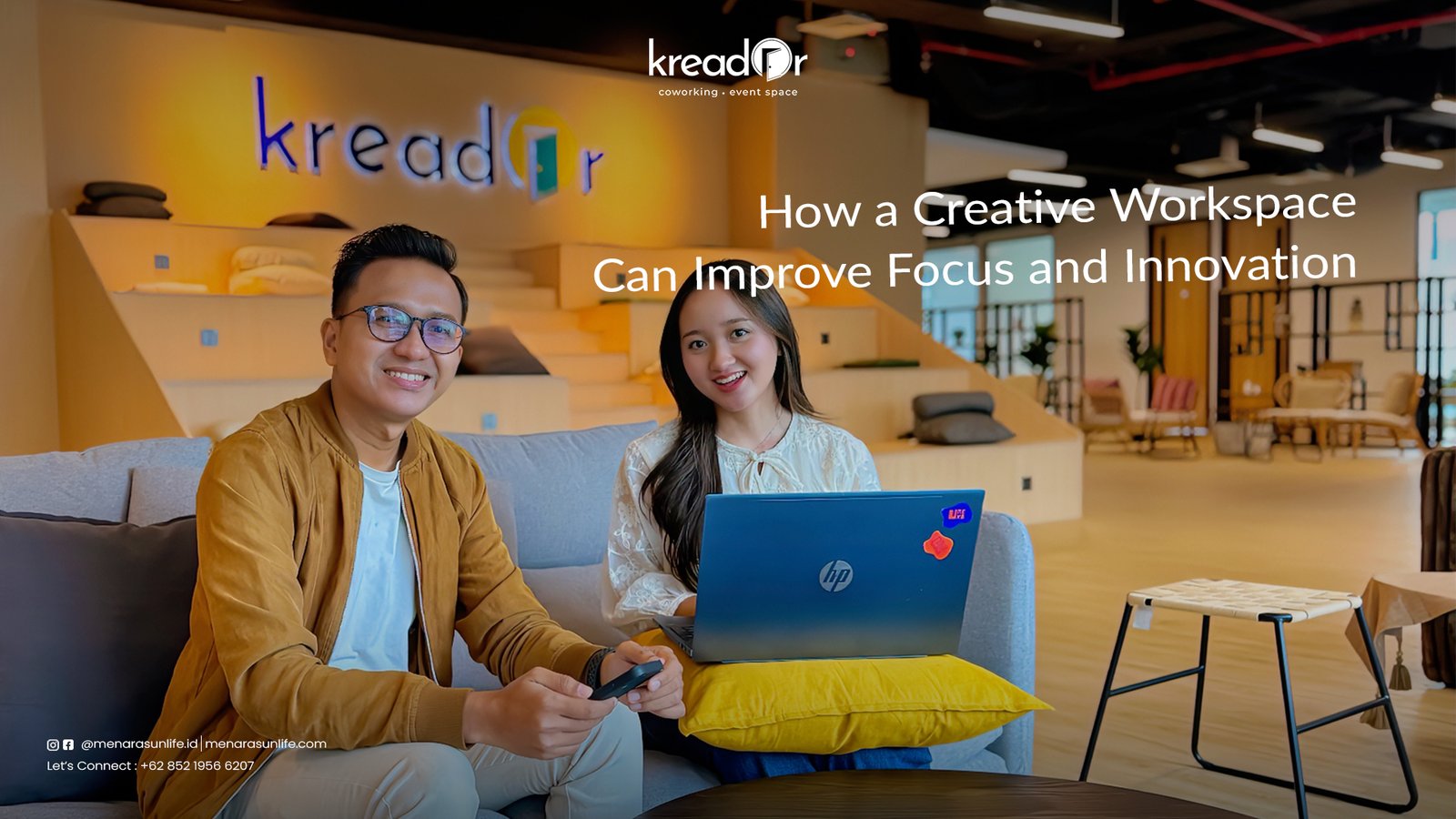 How a Creative Workspace Can Improve Focus and Innovation Two professionals working together in a bright, modern coworking space at Kreador, highlighting a creative and collaborative environment.