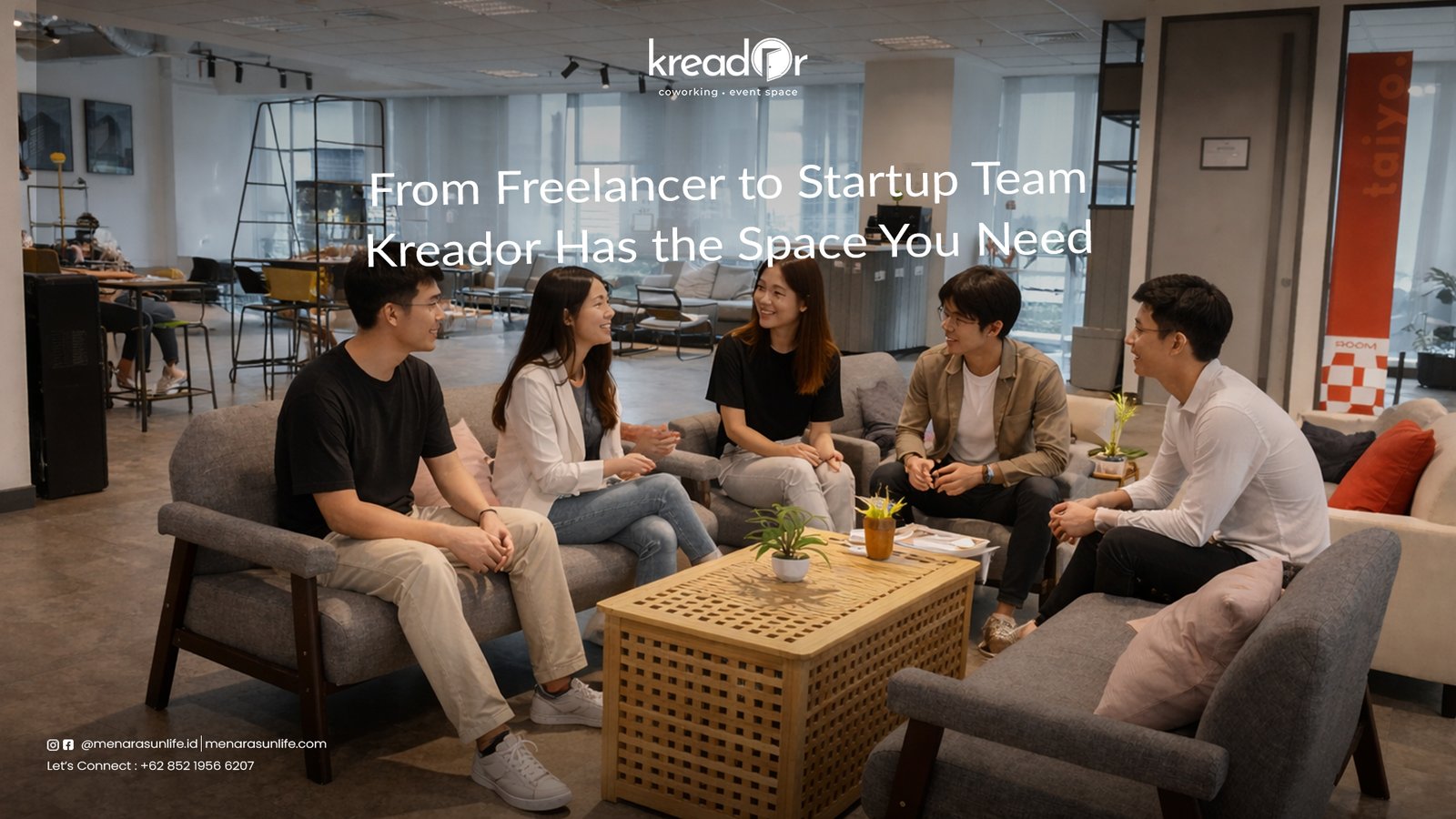 A group of young professionals collaborating in a modern, comfortable coworking space at Kreador, representing the flexibility for freelancers and startups.