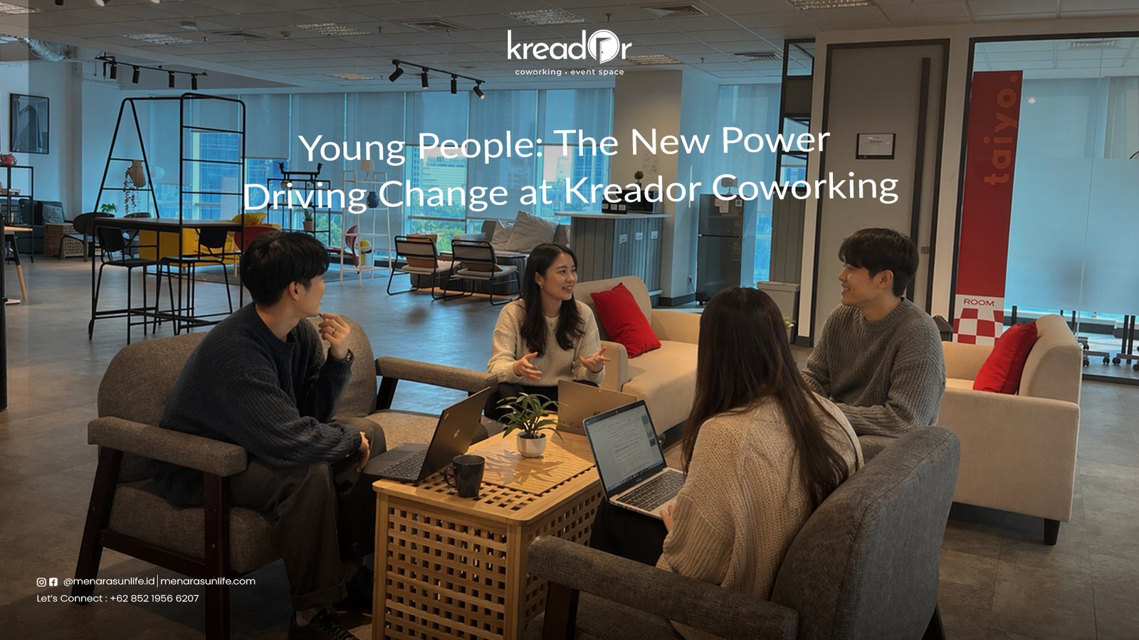 A group of young professionals engaging in a lively discussion at Kreador coworking space, demonstrating collaboration and innovation in a dynamic environment.