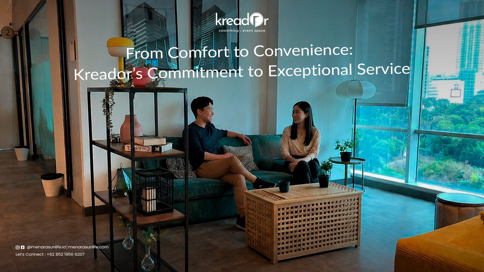 From Comfort to Convenience: Kreador’s Commitment to Exceptional Service Two professionals enjoying a conversation in a comfortable, stylish lounge area at Kreador, showcasing the balance of comfort and convenience in the coworking space.