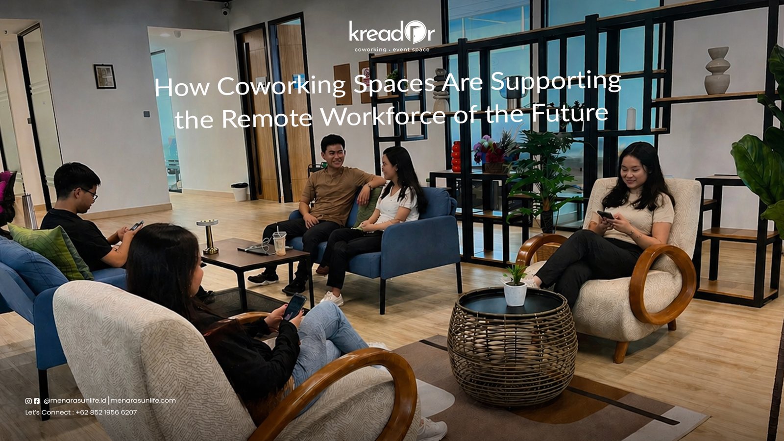 A group of young professionals relaxing and working together in a modern coworking lounge at Kreador, showcasing a collaborative and flexible remote work environment.