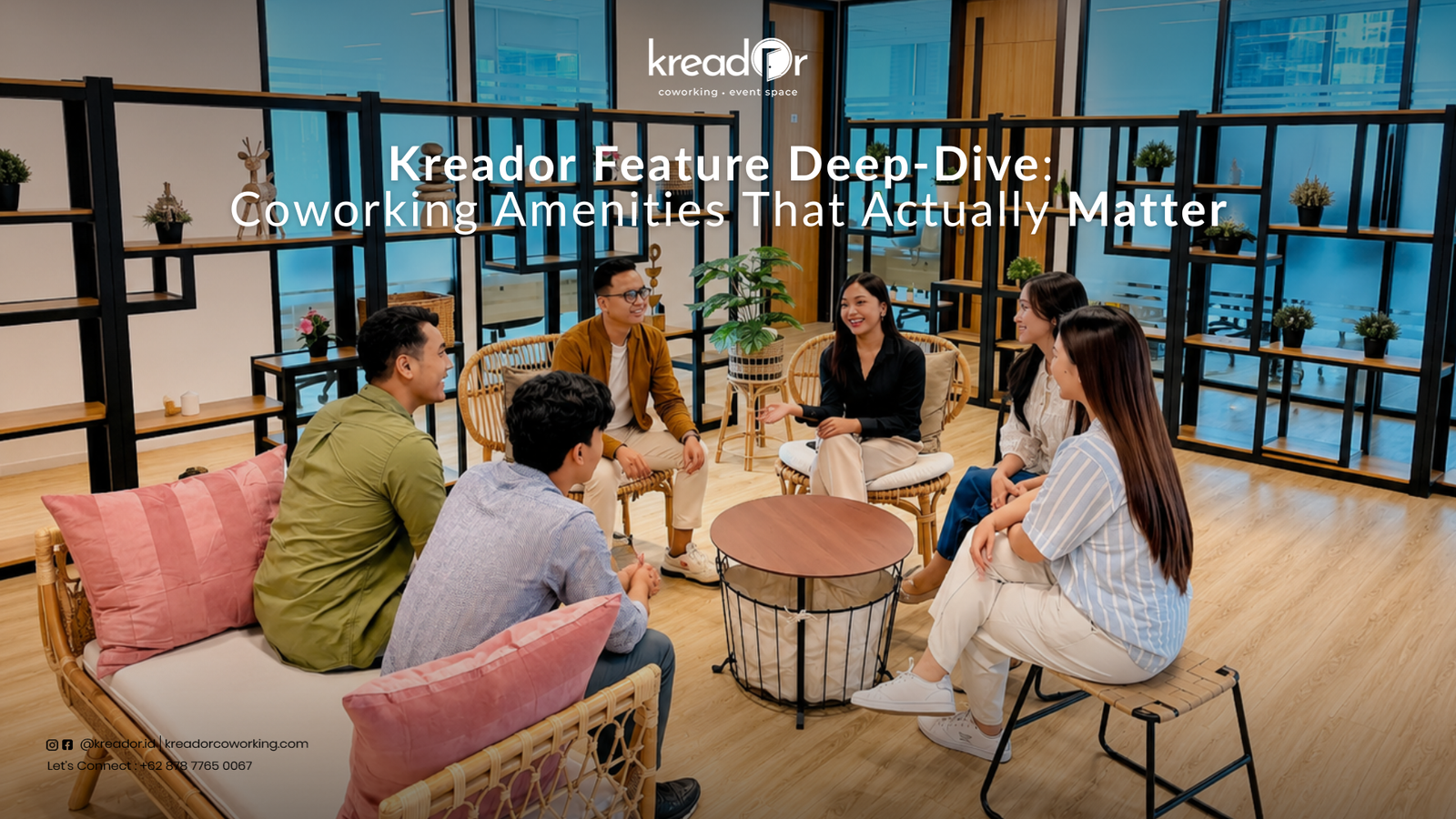 Kreador coworking space amenities in Mega Kuningan Jakarta — modern workspace with meeting rooms, lounge, and professional facilities