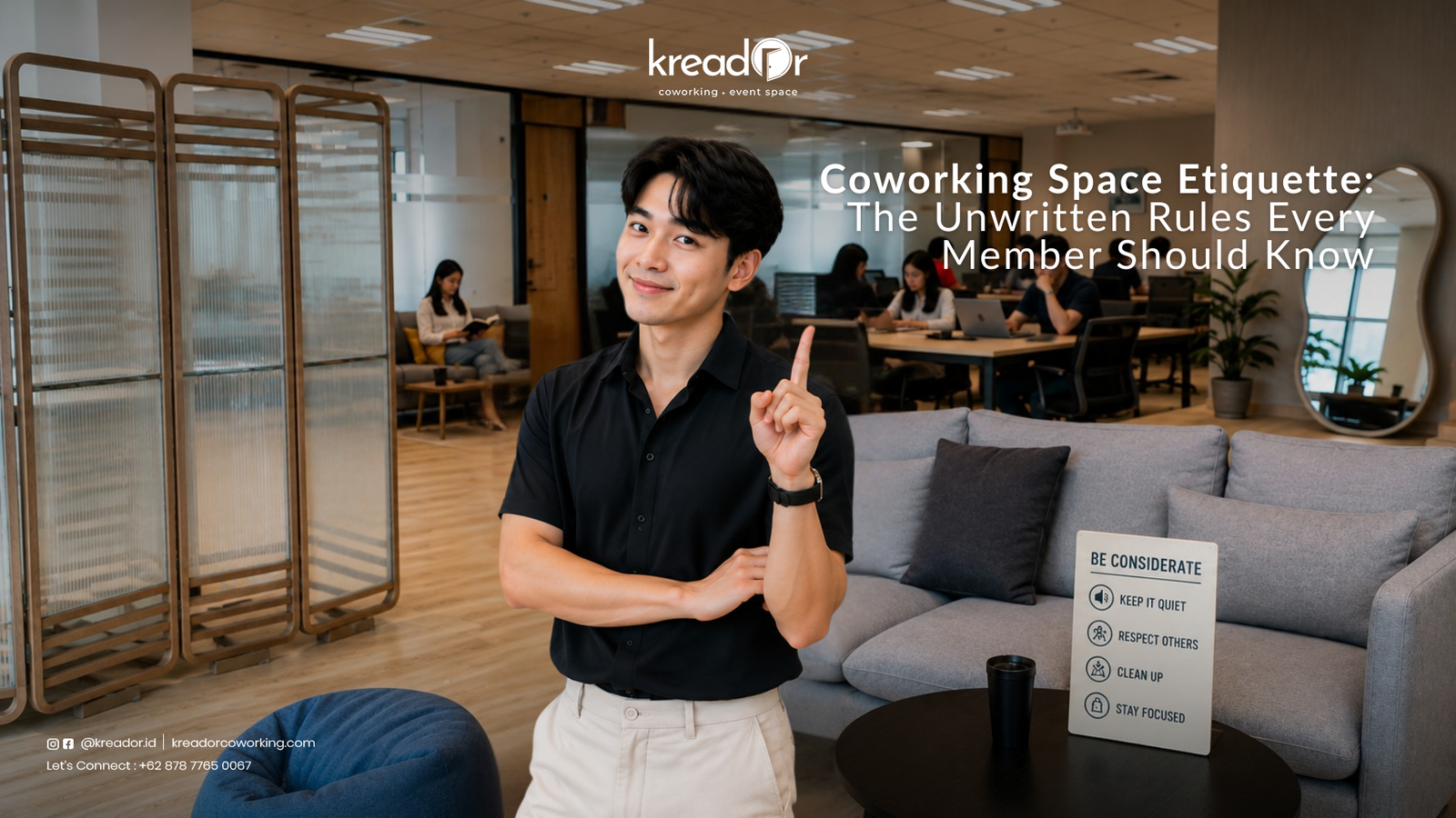 Professionals following coworking space etiquette in a shared workspace